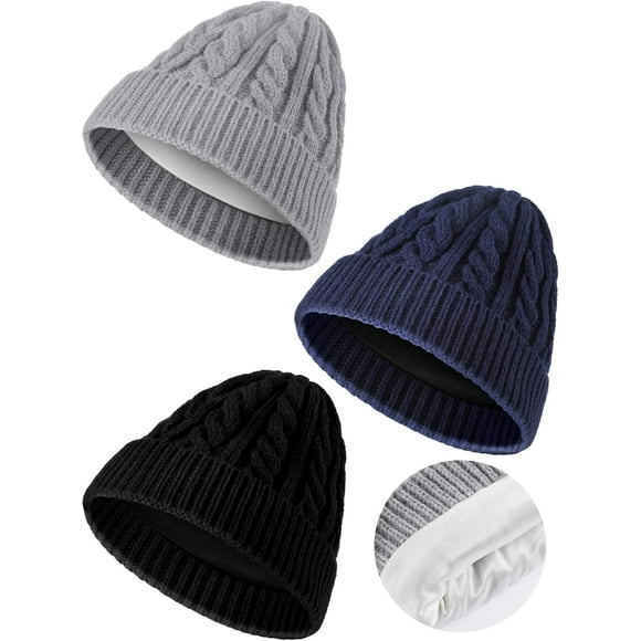 Exceptional 3 Pieces Kids Satin Lined Knit Beanies Winter Hat Child Warm Ski Skull Caps for Girls Bos Bab Toddlers 3-12 ears Black, Navy Blue, Light Gray to enhance your experience