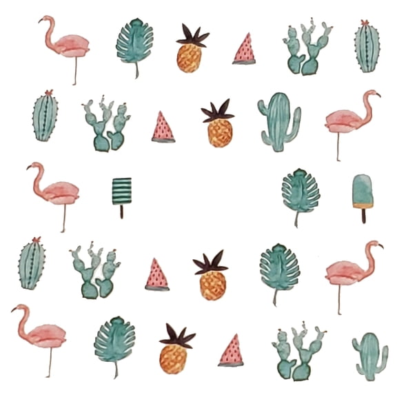 Summer flamingo, cactus and pineapple watercolor nail art water decals fingernail art