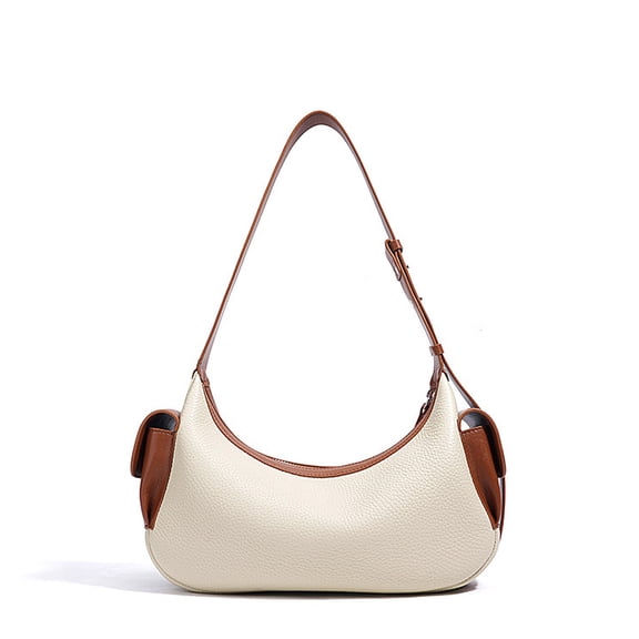 Genuine Cowhide Women Hobo Bag, White Brown Leather Crossbody Shoulder Handbag