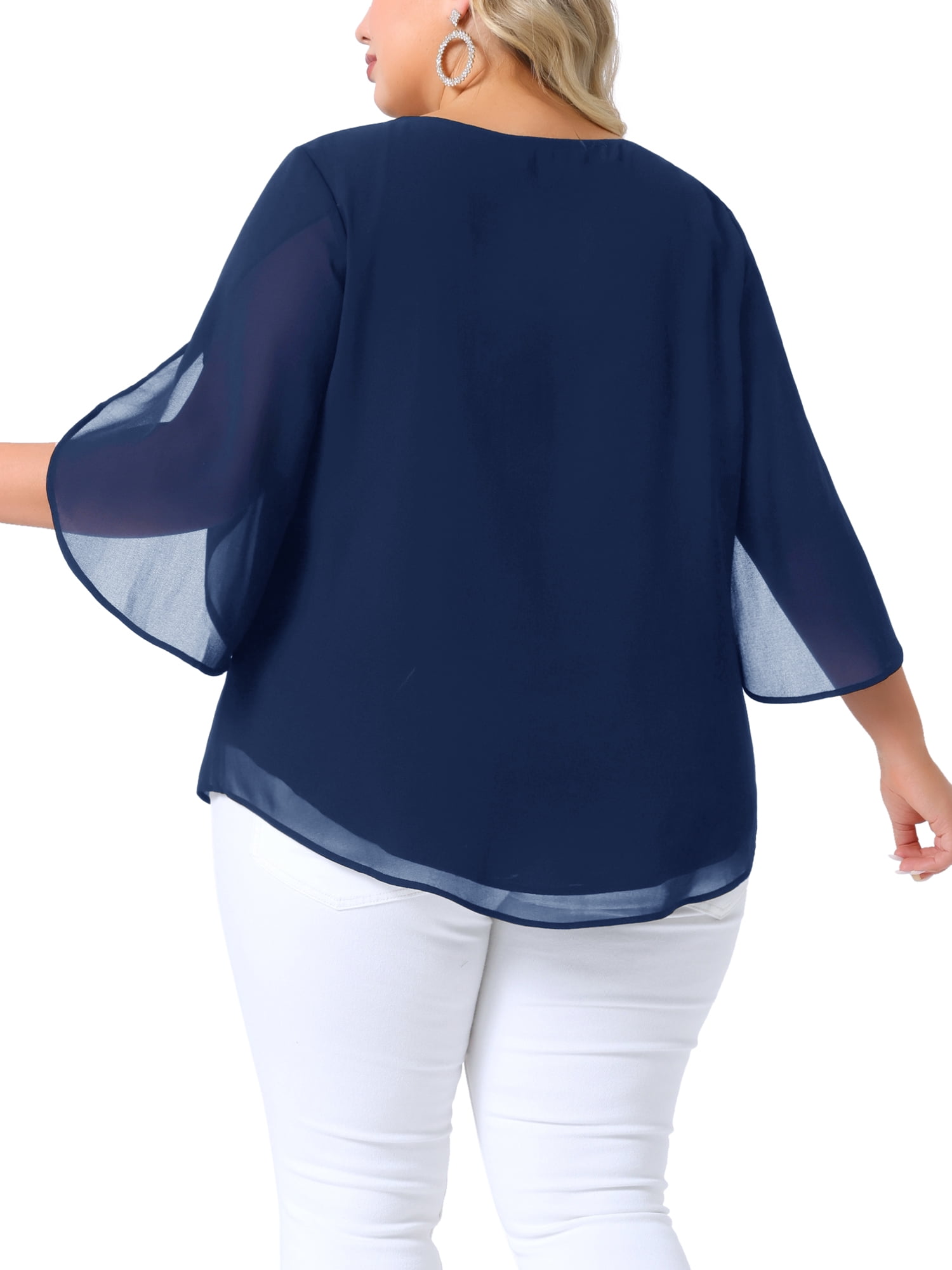 Women's Plus Blouses with Flutter Petal Half Sleeve Chiffon Top 4X Navy Blue