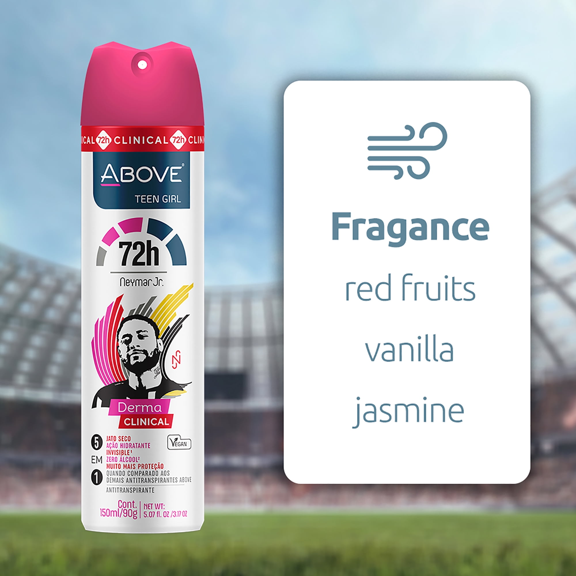 ABOVE Neymar Jr Teen Girl - 72 Hours Derma Clinical Antiperspirant Deodorant Spray - Notes of Red Fruits, Vanilla, and Fig Leaves - Moisturizing Action - Protects Underarms - 4 pc Set
