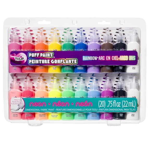 Tulip 0.75 fl. oz. Puff Paint Rainbow & Neon Colors 20 Pack, Dimensional Fabric Paint, Multicolor