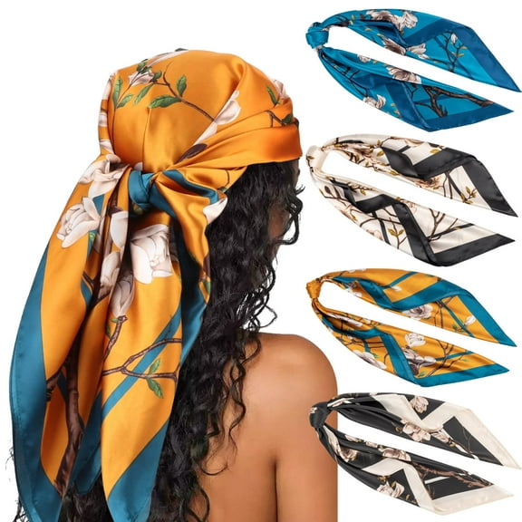 4 PACK 35” Large Square Satin Head Scarf -  Silk Accessories Classic Patterned Squares Beach Bandanas for Women