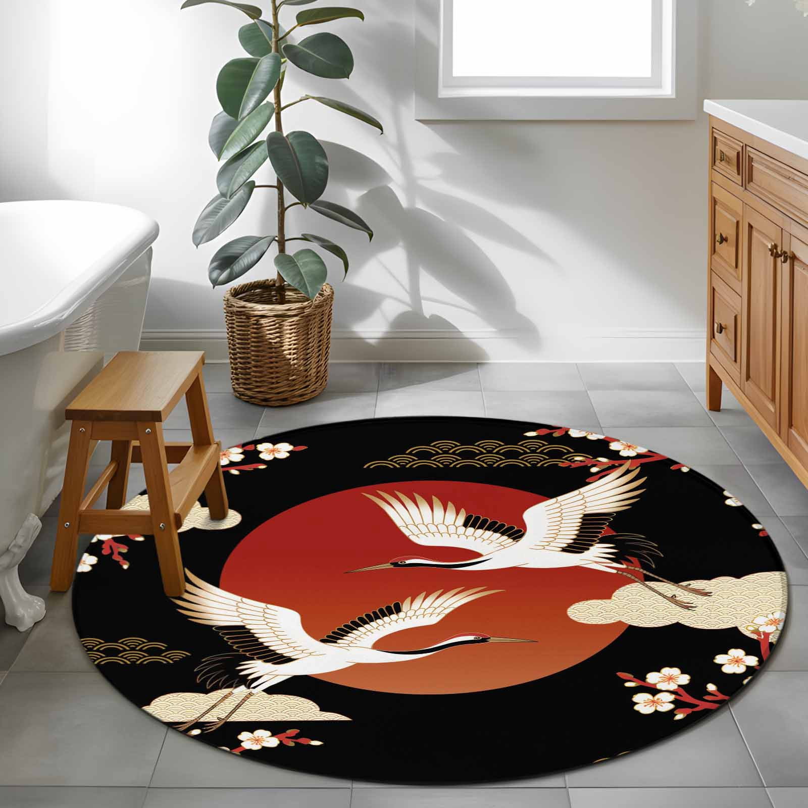 Japanese Style Round Area Rugs Collection 3.3', Modern Cranes Cherry Flower Wave Red Brown Non Slip Indoor Circular Throw Runner Rug Floor Mat Carpet for Living Room Dining Table Bedroom Nursery