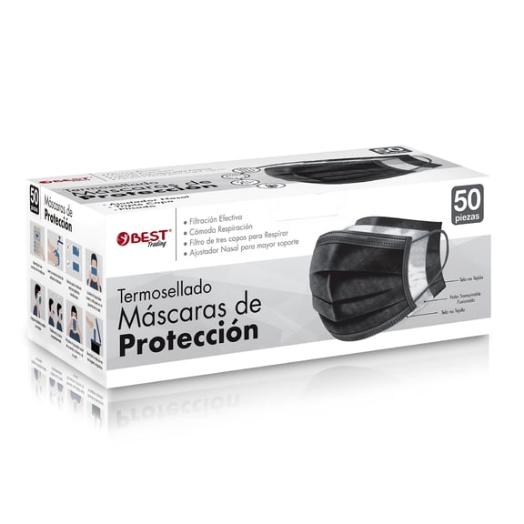 Best Trading Cubrebocas Negro 50 piezas, Mascarilla Desechable Termosellada Tricapa, Caja de Tapabocas con 50 Piezas con Ajustador Nasal Oculto y Tecnología Ligera de Filtrado Efectivo