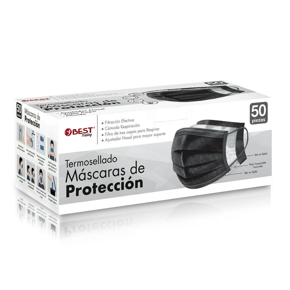 Best Trading Cubrebocas Negro 50 piezas, Mascarilla Desechable Termosellada Tricapa, Caja de Tapabocas con 50 Piezas con Ajustador Nasal Oculto y Tecnología Ligera de Filtrado Efectivo