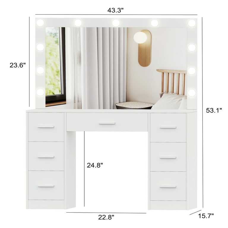 LED Bulbs Mirror Drawers Dressing Table Set White - Walmart.com