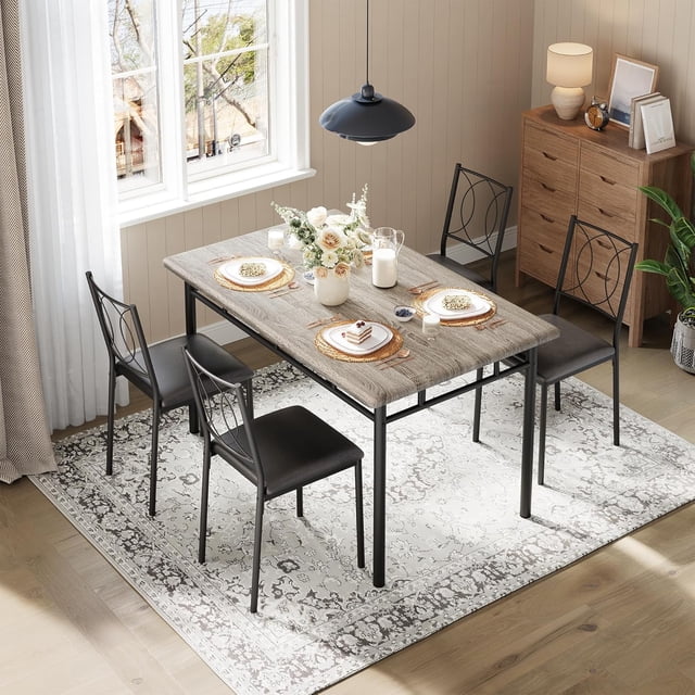 5-Piece Farmhouse Dining Table Set for 4, Wooden Kitchen Table with Upholstered Chairs, Space-Saving Furniture for Small Apartment and Breakfast Nook, Grey
