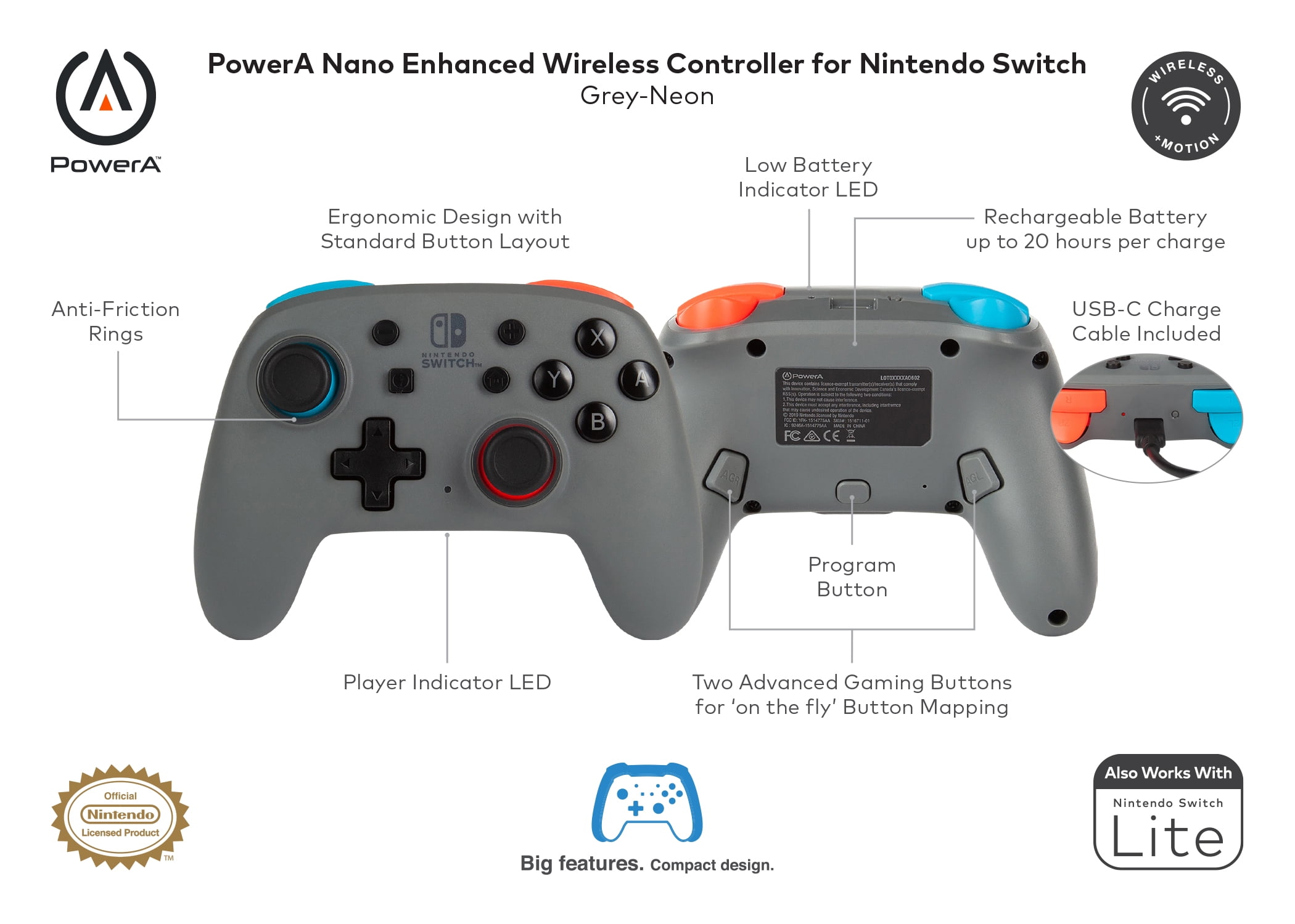 PowerA Enhanced Nano Wireless Controller for Nintendo Switch - Gray