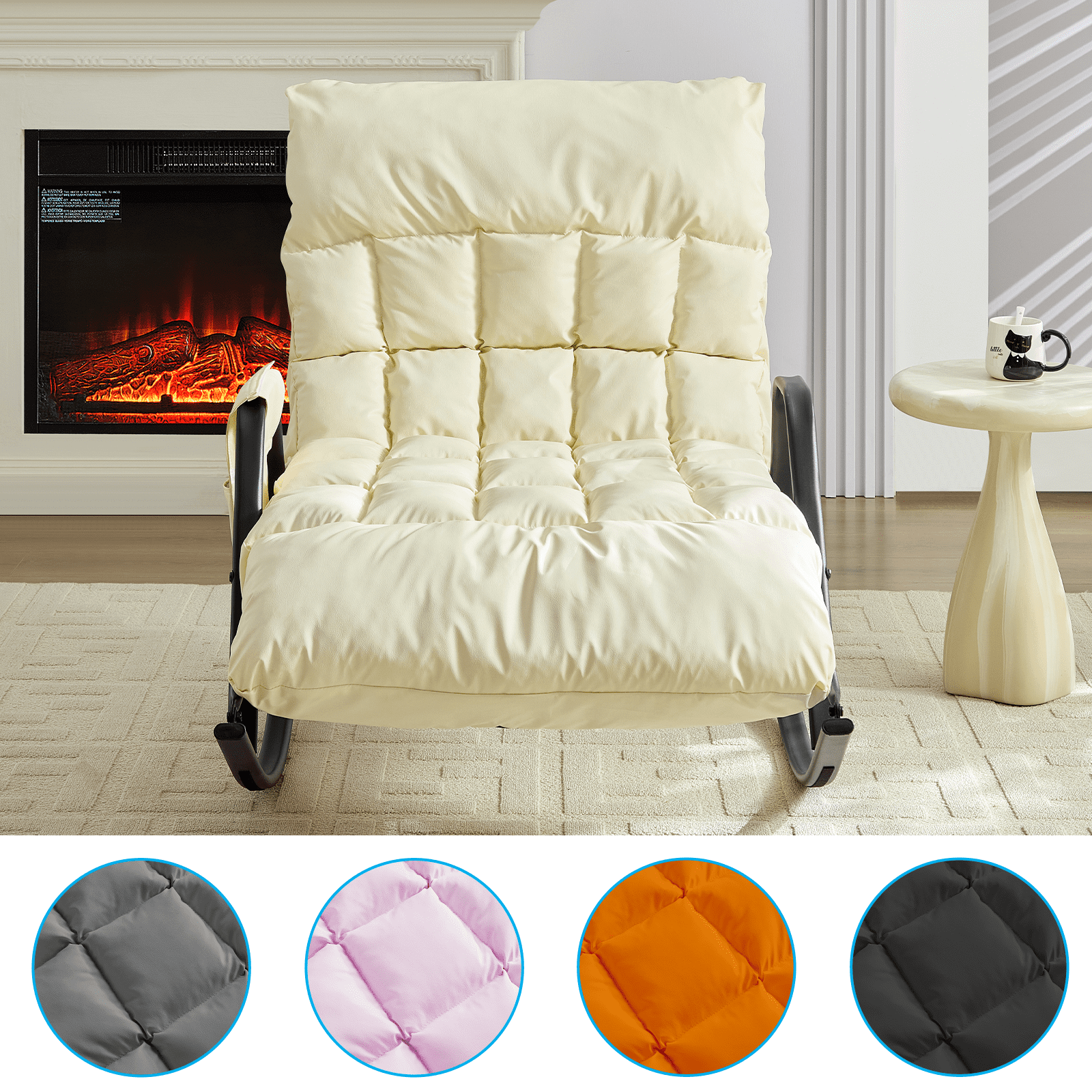 BALUS Rocking Chair, Leather Nursery Recliner with Adjustable Backrest & Footrest, Side Pockets, Modern Living Room Seating Space-Saving Design, Beige