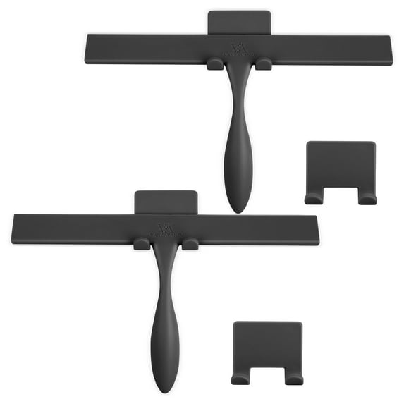 Shower Squeegee for Shower Glass Doors 11-Inch Bathroom Squeegee Shower Door Silicone Squeegees Wiper with Non-Slip Handle, Self-Adhesive Silicone Hook, for Mirror, Tiles, Counter (Black-2 Pack)