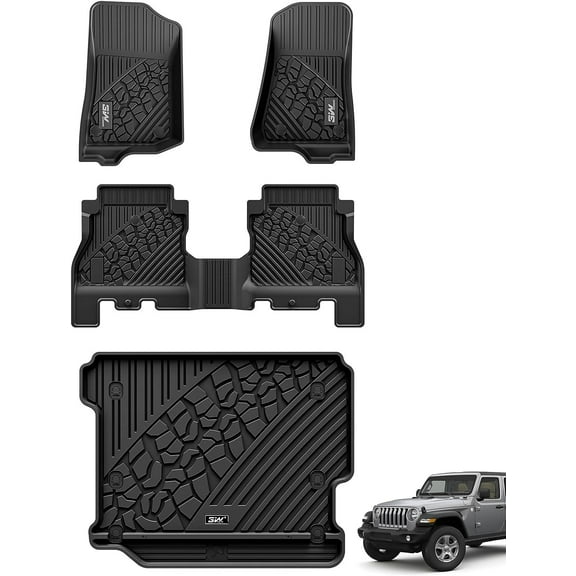 3W Floor Mats and Cargo Liner for Jeep Wrangler JL 4-Door Without SUBWOOFER 2018-2024 TPE All Weather Custom Fit Floor Liner & Trunk Mats Black(Non JK or 4XE)