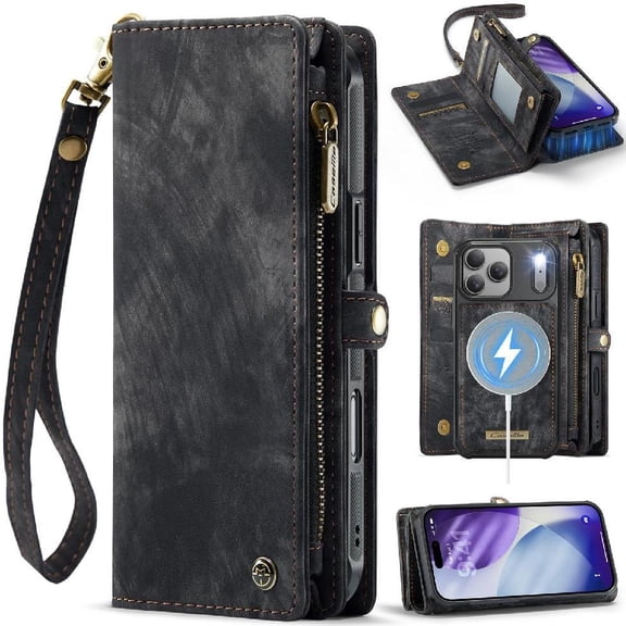 Case For IPhone 17 Pro Max TPU PC Handmade Leather Zipper Strong Magnetic Wallet Cover Trifold With Detachable Card Holder