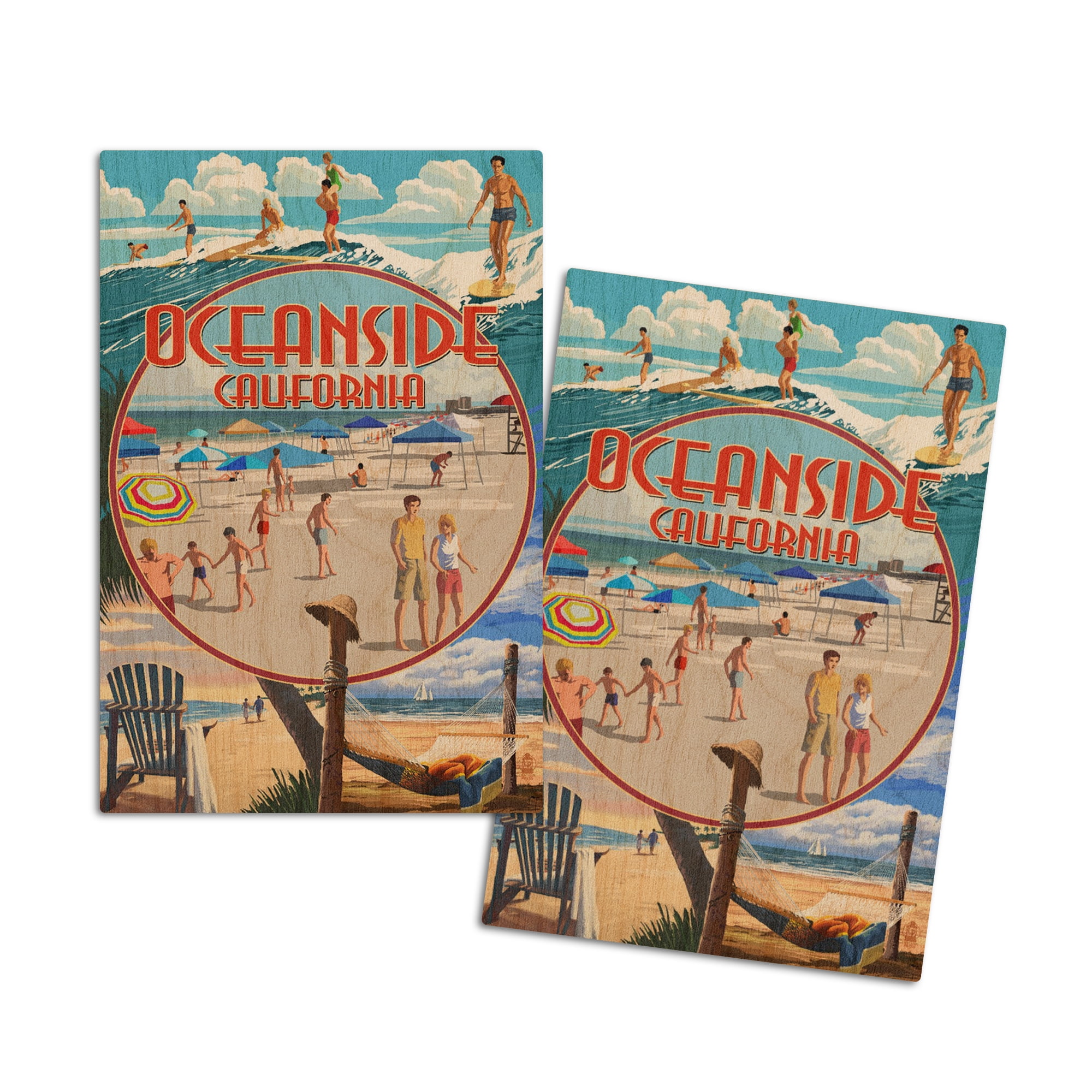 Oceanside, California, Beach Montage (4x6 Birch Wood Postcards, 2Pack