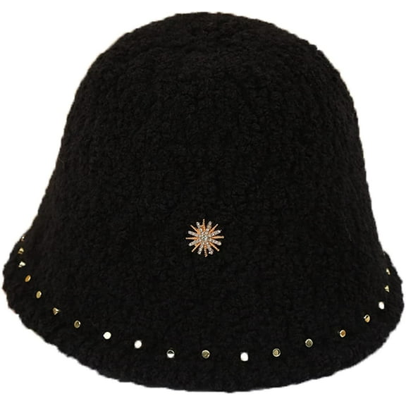 CoCopeaunts Ladies Bucket Hat Solid Color Lambs Wool Casual Warm Women Girls Basin Cap Rivet Edge Decorate Trend Fisherman Hat