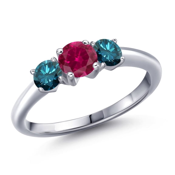 Gem Stone King 925 Sterling Silver Red Created Ruby and Blue Diamond Engagement Ring for Women | 1.14 Cttw | Round 5MM | Gemstone July Birthstone | Size 8
