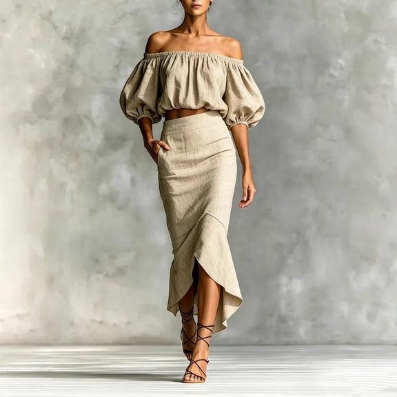 IUYRTFE Women's Off Shoulder Puff Sleeve Top and Midi Skirt Set 2 Piece Summer Casual Outfit