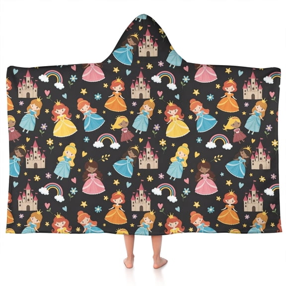 Black Princess Castle Pattern Hooded Bath Towel,50"x30" for Ages 3 To 12 Kids, Quick Dry Lightweight Soft Microfiber Hood Beach Towel Cover Up for Kids