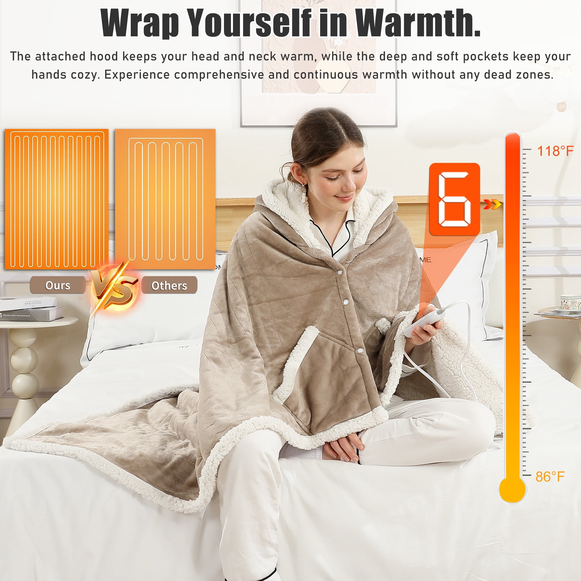 TRUSTWARMTH Wearable Heated Throw Blanket 50"*64", Electric Heated Throw Blanket Wrap Poncho with Hood Pockets, 6 Heating Levels & 4 Hours Time Settings, Machine Washable, Beige