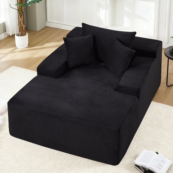 67.3" Oversized Chaise Lounge Chair Indoor Corduroy Upholstered Boneless Couch Sofa Bed with 3 Pillows for Living Room Bedroom,Black