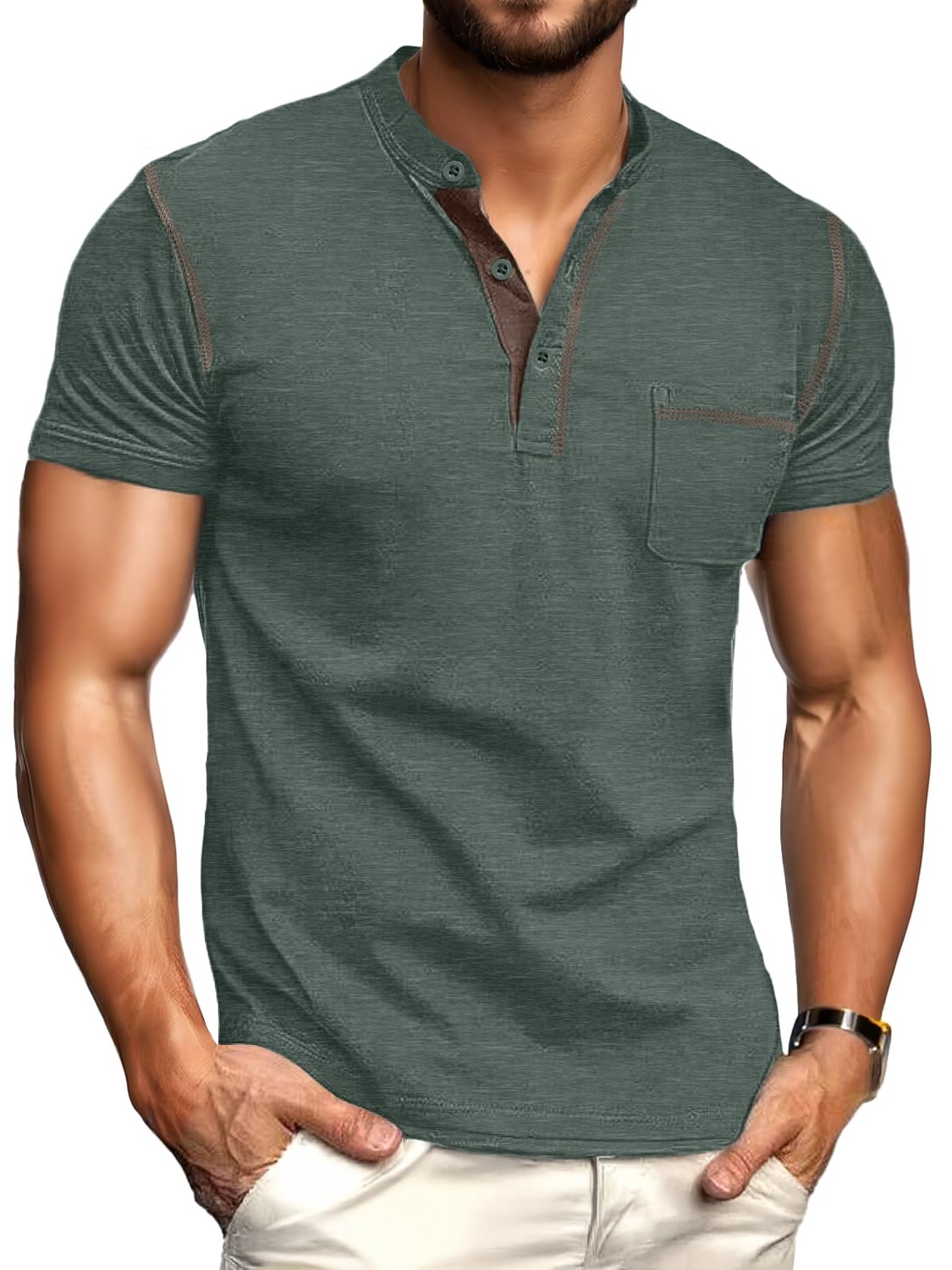 GIRUNS Mens Henley Shirts Short Sleeve Casual Classic Cotton T-Shirts Pocket Button Tees Green L