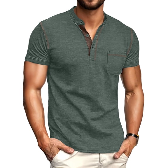 GIRUNS Mens Henley Shirts Short Sleeve Casual Classic Cotton T-Shirts Pocket Button Tees Green L