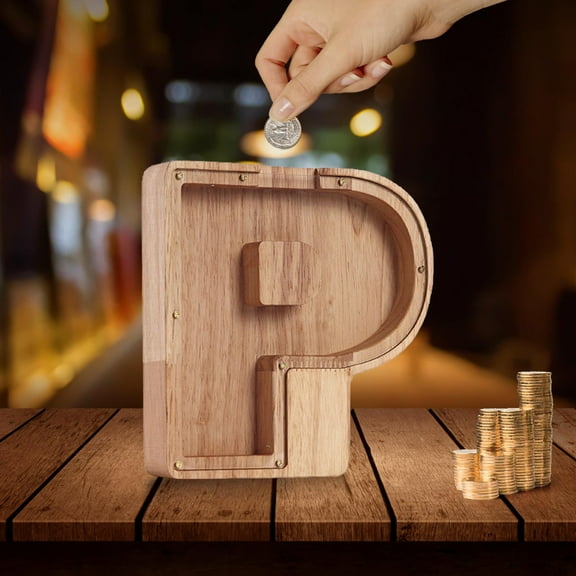 Coin Bank,Piggy Bank for Adults,Wooden Letter Piggy Bank, Creative Piggy Bank Custom Wooden Piggy Bank, Letter Coin Bank,Wood Toys Money Saving Bank,Money Box Coin Bank Toys(P 7in Sticker)