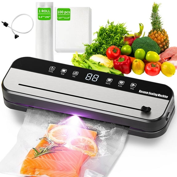 Vacuum Sealer Machine for Food Preservation, Food Sealer for Freshness Storage, 75kpa Compact Vacuum Sealing Machine with External Sliding Blade, With1 Bag Roll &100 pcs Pre-cut Bags