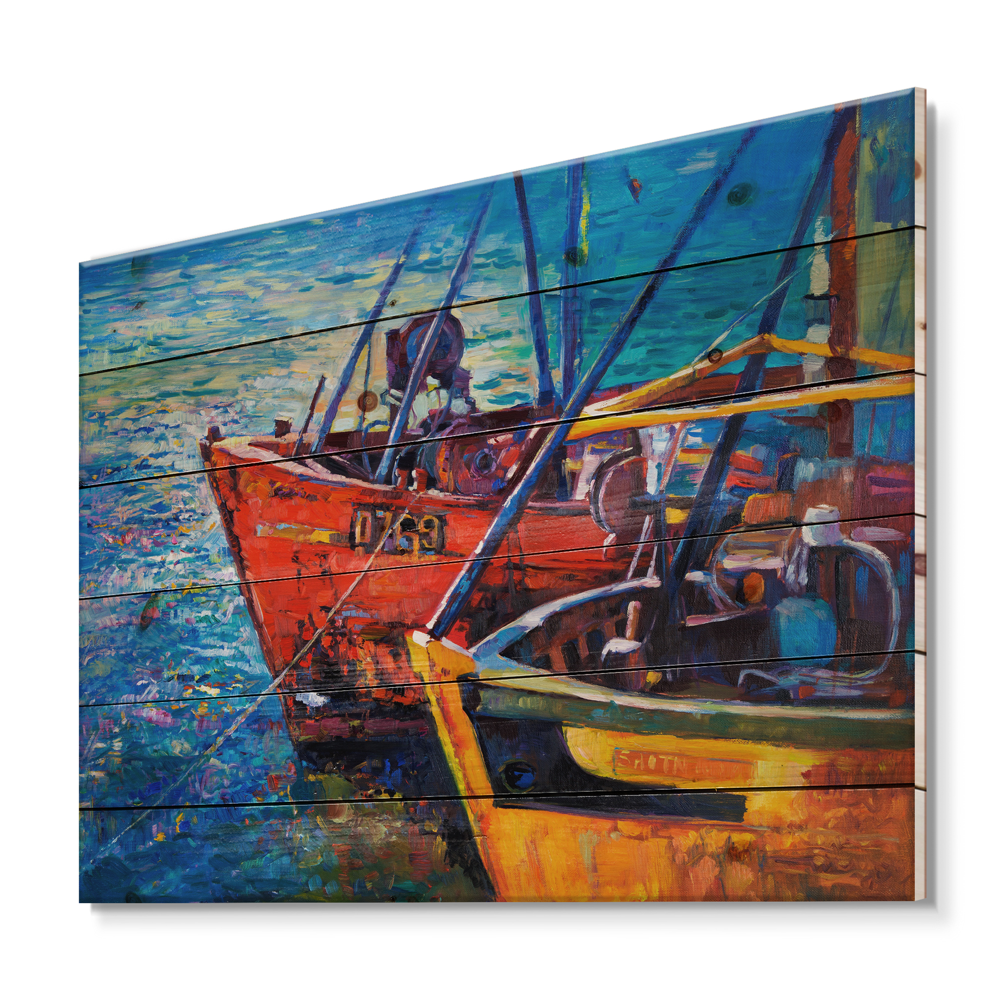 Designart 'Boats During Warm Sunset Resting On The Water VII' Nautical & Coastal Print on Natural Pine Wood