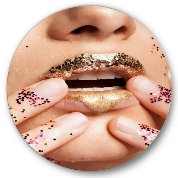 Designart 'Female With Golden Lips and Glitter On Her Hands' Modern Circle Metal Wall Art 36x36 - Disc of 36