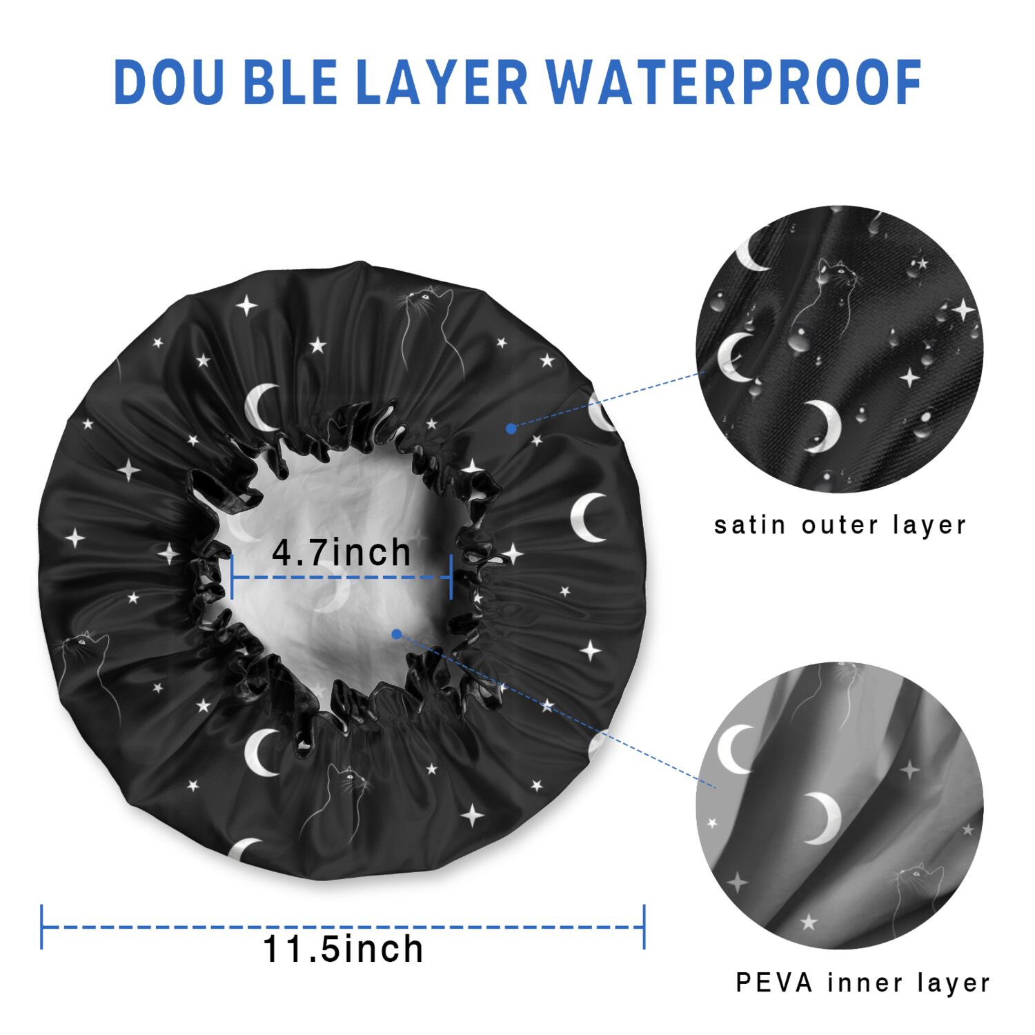 Shower Caps,Black White Cat Moon Star Pattern Waterproof Shower Cap for Women 4 Pieces,Double Reusable Hair Cover for Shower PEVA Elastic Stretch Hem