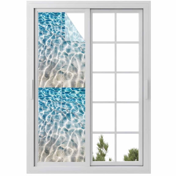 Water Ripple Window Privacy Film Summer Ocean Beach Sand Seabed Decorative Glass Window Film UV Blocking Static Cling Non-Adhesive Sticker Covering for Home Door 29.5 x 118 inches