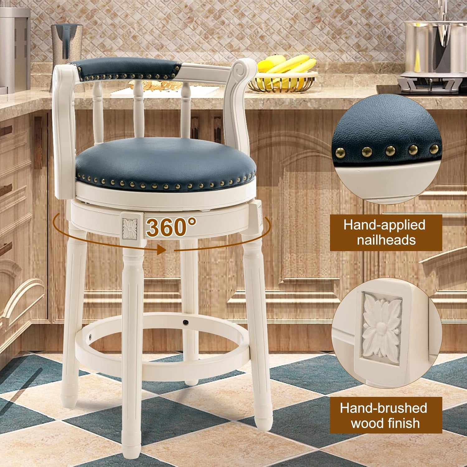 Aulife Bar Stools Genuine Leather Counter Height barstool Wooden Swivel kitchen Stool with Footrest for Kitchen Dining Room(ivory frame-Navy seat, Counter-26" seat height)