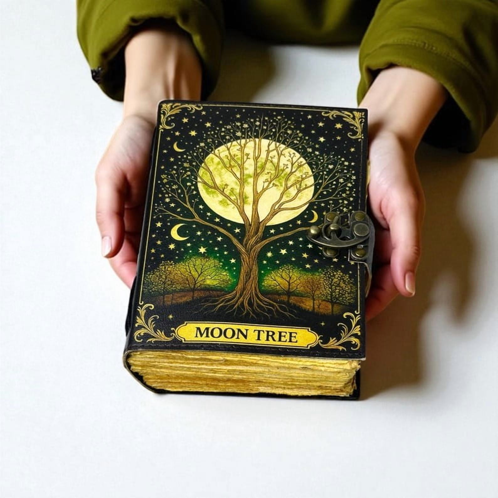 Personalized Moon Tree Leather Grimoire – Gothic Book of Shadows, 200 Pages Witchcraft Spellbook, Wiccan Pagan Magic Diary