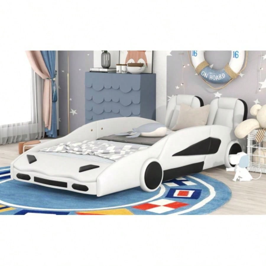 Twin Size Race Car - Shaped Platform Bed with Wheels, White