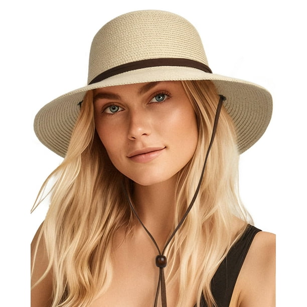 FURTALK Sombrero de sol de ala ancha para mujer con cordón de viento UPF Sombreros de paja de verano para mujer