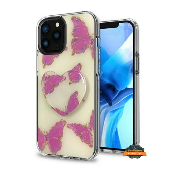 For Apple iPhone 13 (6.1") Pattern Design Bling Glitter Hybrid with Ring Stand Pop Up Finger Holder Kickstand Phone Case Cover by Xpression [Pink Butterfly]