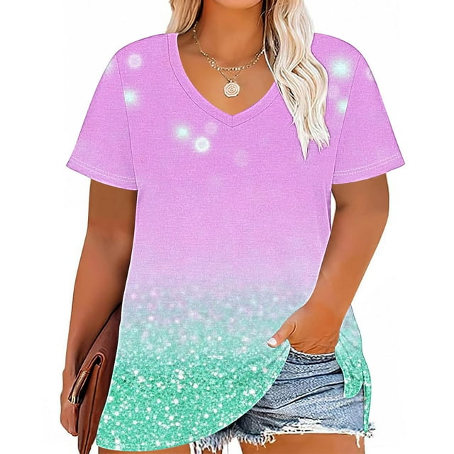 Plus Size Summer Tops 2025 Womens Oversized Blouses V Neck Short Sleeve Pleated Floral Tops Loose Summer Flowy Shirts