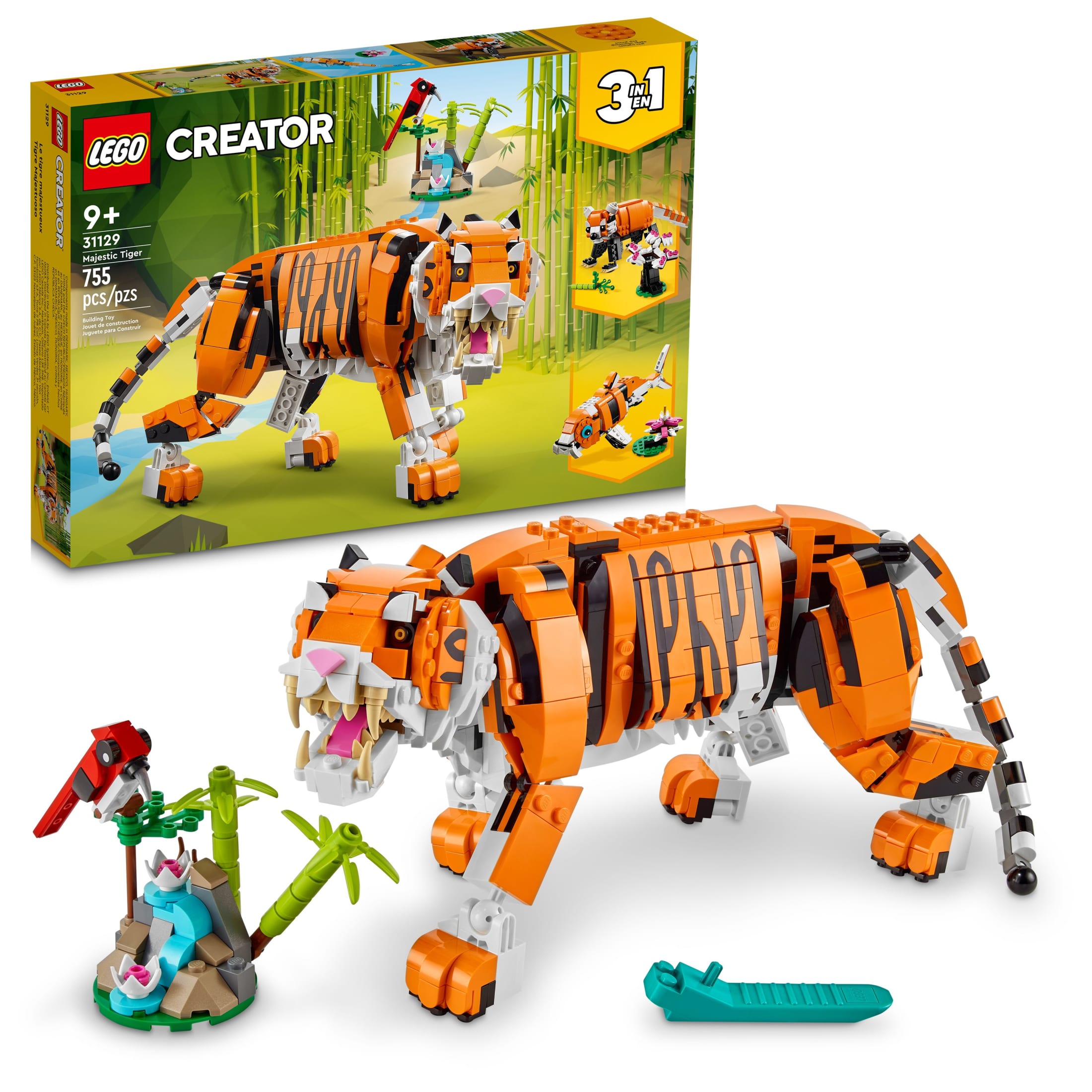 LEGO Creator 3 in 1 Majestic Tiger Building Toy - Build & Display Set for Kids, Girls & Boys, Ages 9+ - Birthday Gift Idea - Create a Tiger, Panda, or Koi Fish - 31129