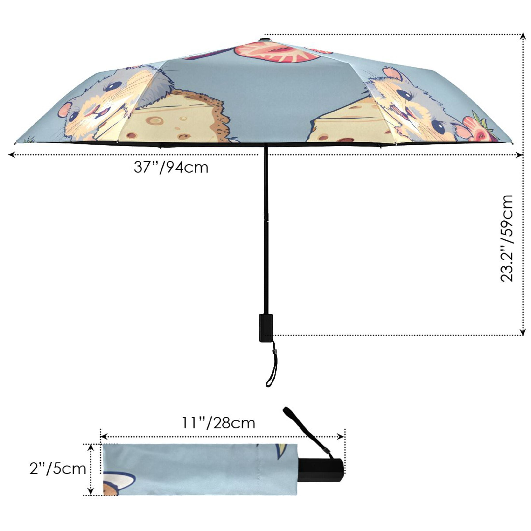 Hamsters Eating Cheesecakes and Strawberries All Weather Umbrella Triple Folding Parasol 6 Ribs UV Protection Portable