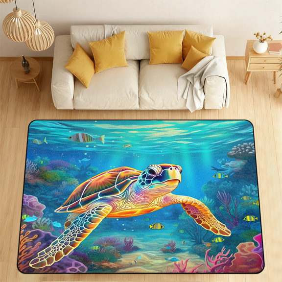 CURLYOOT Nautical Coastal Area Rugs for Living Room Bedroom, 4' 10" x 6' 8" Washable Rug, Sea Turtle Floor Carpet with Non Slip Backing for Dining Room Indoor
