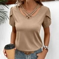thumbnail image 5 of RKZDSR Women's Summer Tops Criss Cross Hollow V Neck Blouse Solid Color Basic Shirts Double Layer Puff Short Sleeve T-Shirt Plain Femal Workout Tops Khaki L, 5 of 8