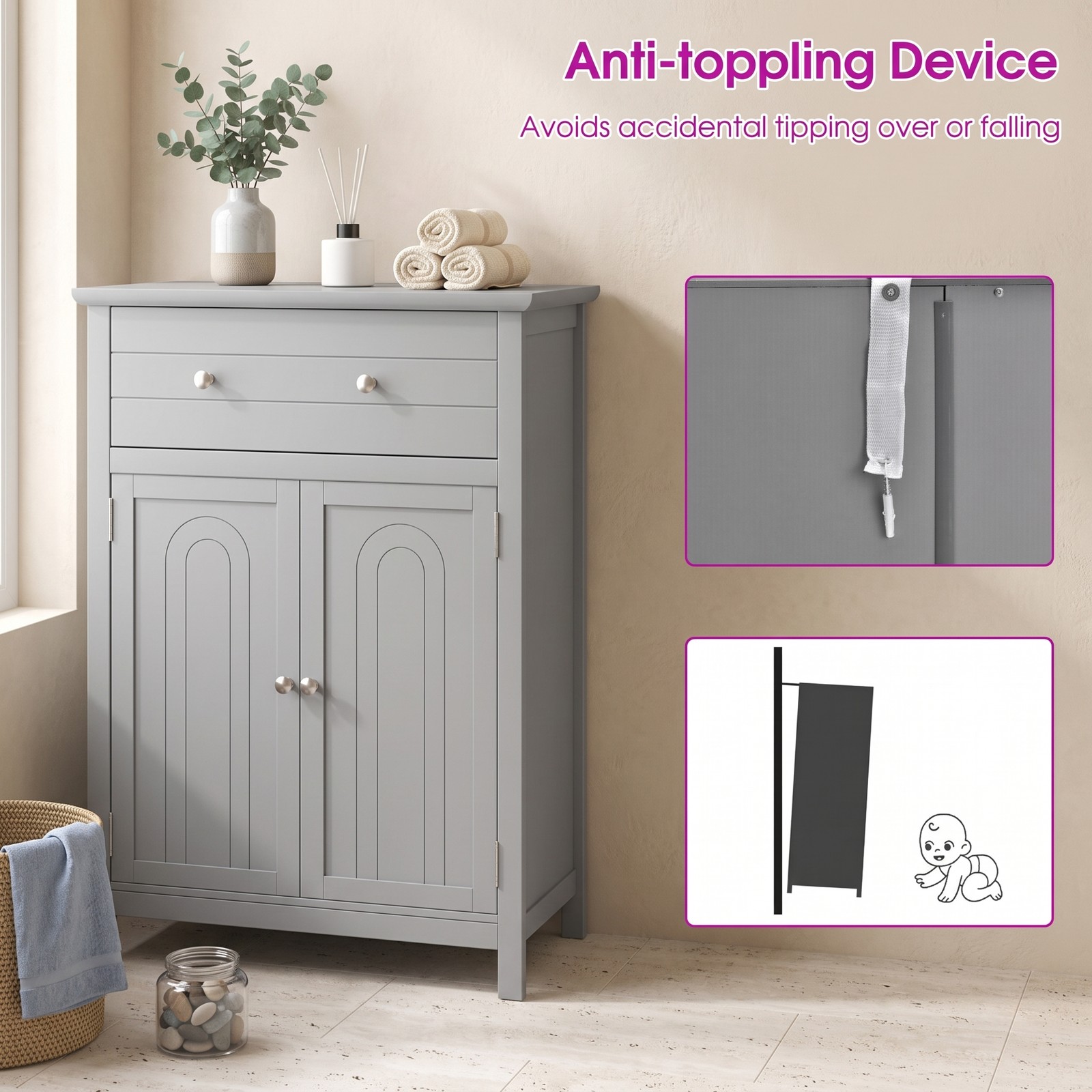Fenbeli Wooden Bathroom Floor Cabinet, Free Standing 2-Door Storage Cabinet with Drawer and Adjustable Shelf, Waterproof MDF Side Organizer for Bathroom Living, Gray
