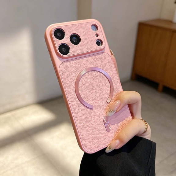 For iPhone 17 Pro Max Phone Case,Compatible with Mag-Safe,Anti-Scratch PU Leather Back Design,Ultra Slim PC TPU Hybrid Shockproof Anti-fall Non-Slip Protection,Thin Phone Case,Pink