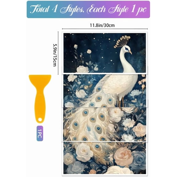 4 Sheets White Peacock Transfer 11.8x5.9inch Flowers Animals Rub on Transfer UV Self-Adhesive Stickers Wall Art Craft for Furniture Room Desk Table