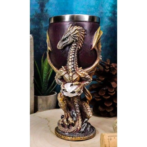 Ebros Maroon And Gold Medieval Dragon Wyvern Holding Egg Wine Goblet Chalice 5oz