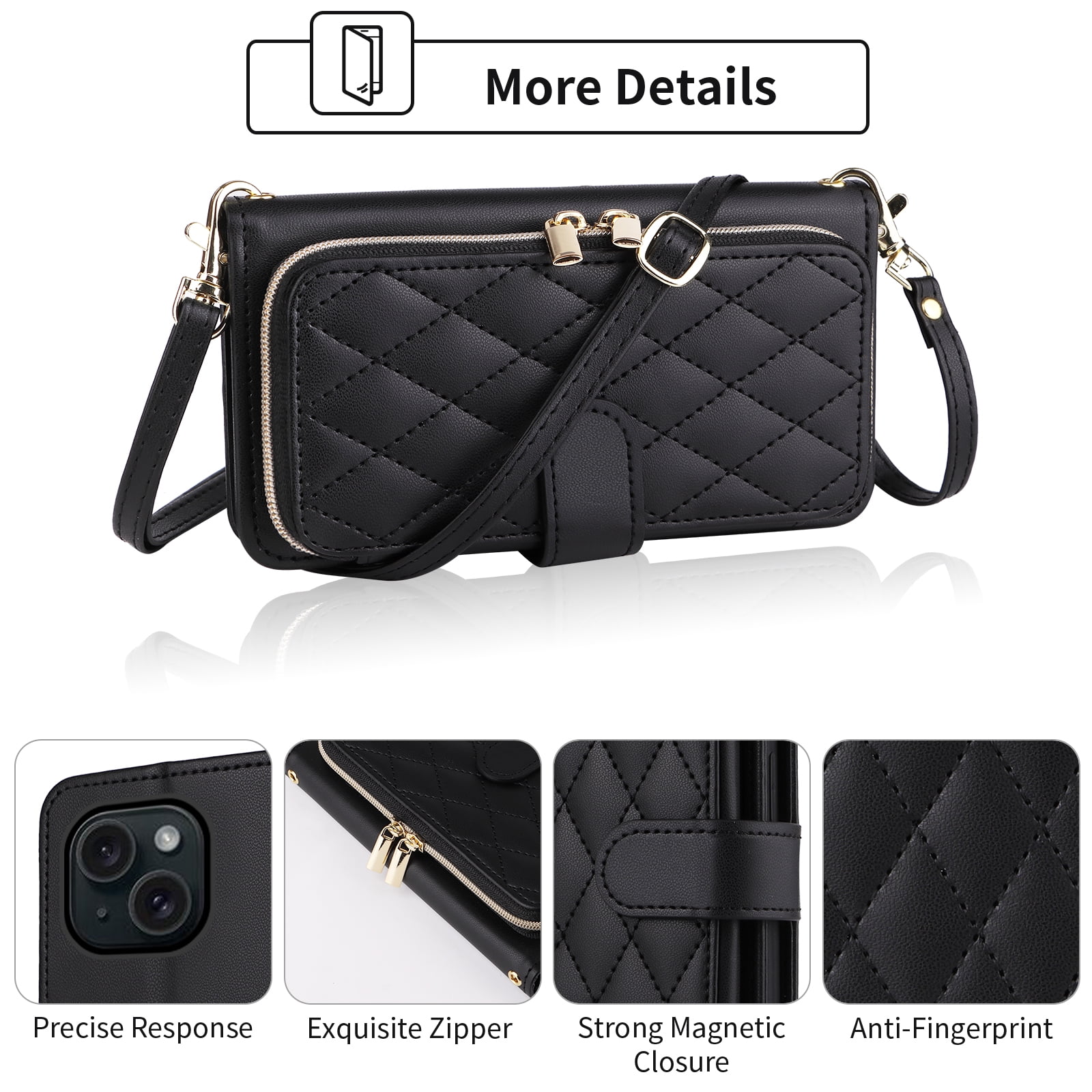 Furiet Argyle Wallet Case for iPhone 13 Mini 5.4 inch with Wrist Strap Shoulder Strap Card Slots Zipper Purse Stand Cell Phone Cover for iPhone13mini i-Phone 13minicase i iPhone13 13mini Black
