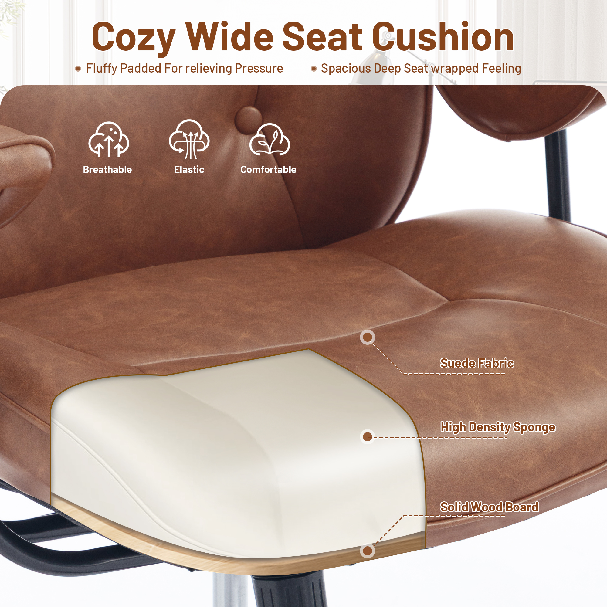Mid Century Modern Office Desk Chair with Wheels and Arms, Mid Back Ergonomic Office Chair with Lumbar Support, Swivel Leather Computer Desk Chair for All Day Comfort