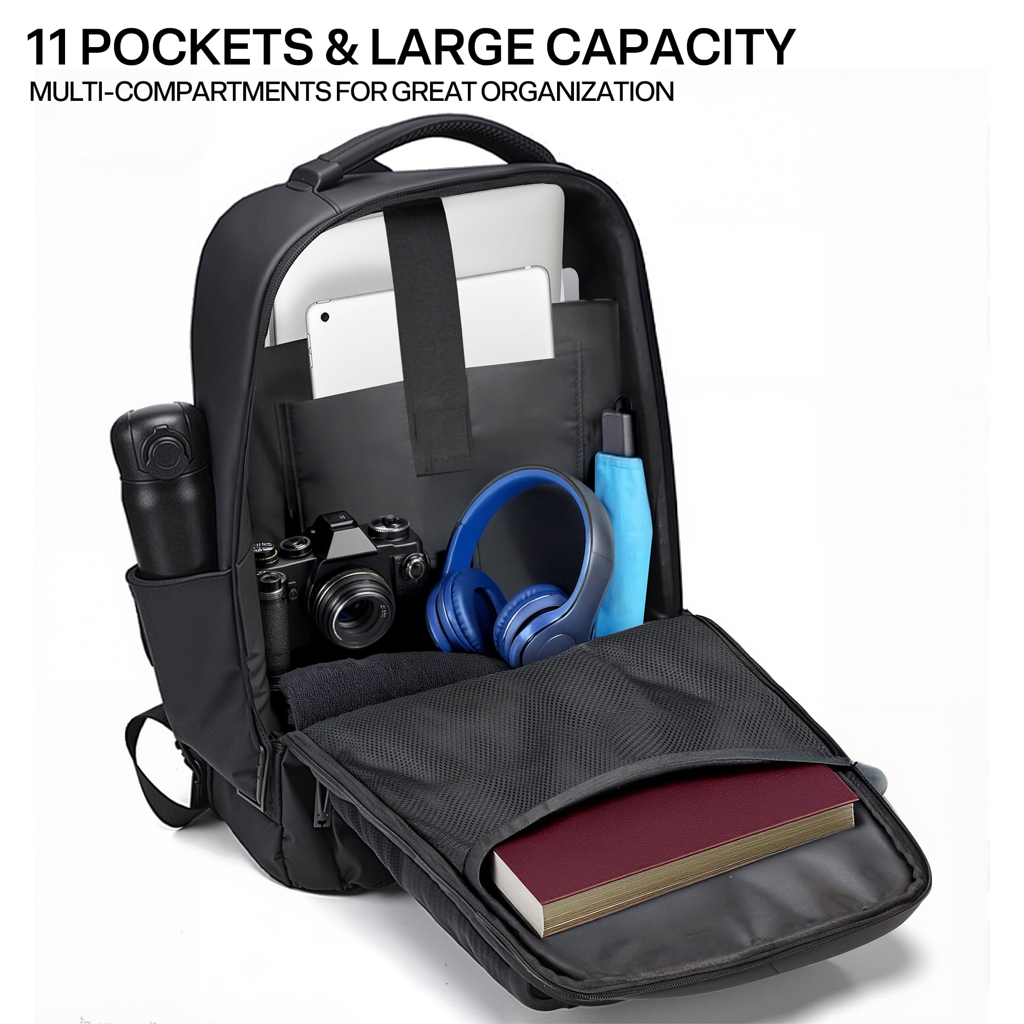 Aisboks 36L Expandable 17.3'' Laptop Backpack,Carry On Business Travel Backpack for Men and Women, Premuim Weekender Luggage Bag with USB Charging Port, Black