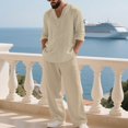 thumbnail image 4 of Awwp Men Set Linen Suit Men's Clothing Casual Beach V Neck Loose Long Sleeved Pants Sports Suit for Men Khaki XXL, 4 of 4